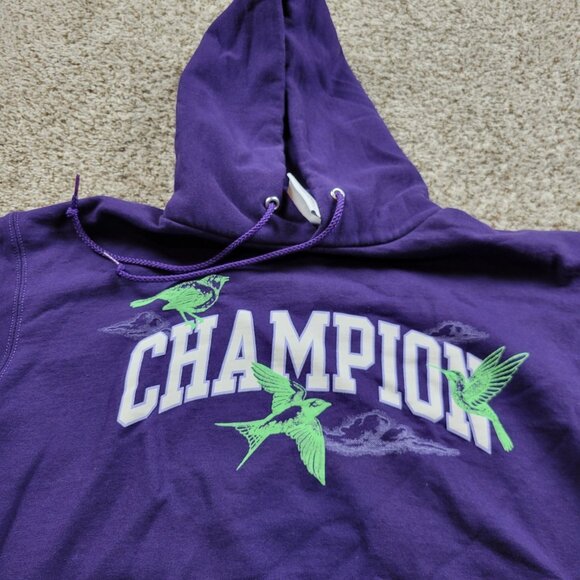 Champion Hoodie Men’s Medium Purple Spellout Logo Graphic Drawstring Pullover - Picture 3 of 7